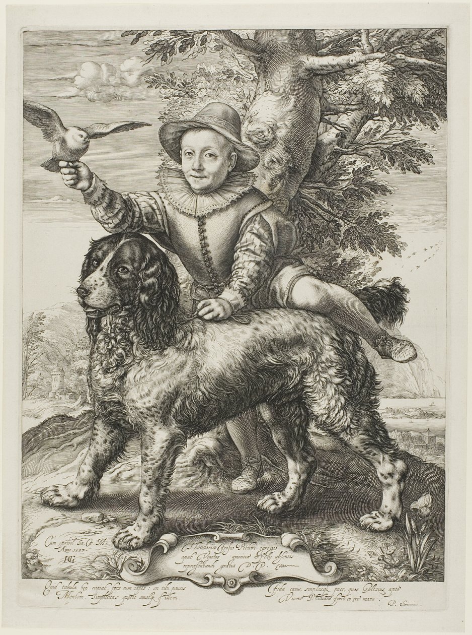 Vries, Frederik de (fallecido en 1613) hijo del pintor Dirck de Vries, alumno de Goltzius, con el perro de Goltzius de Hendrick Goltzius