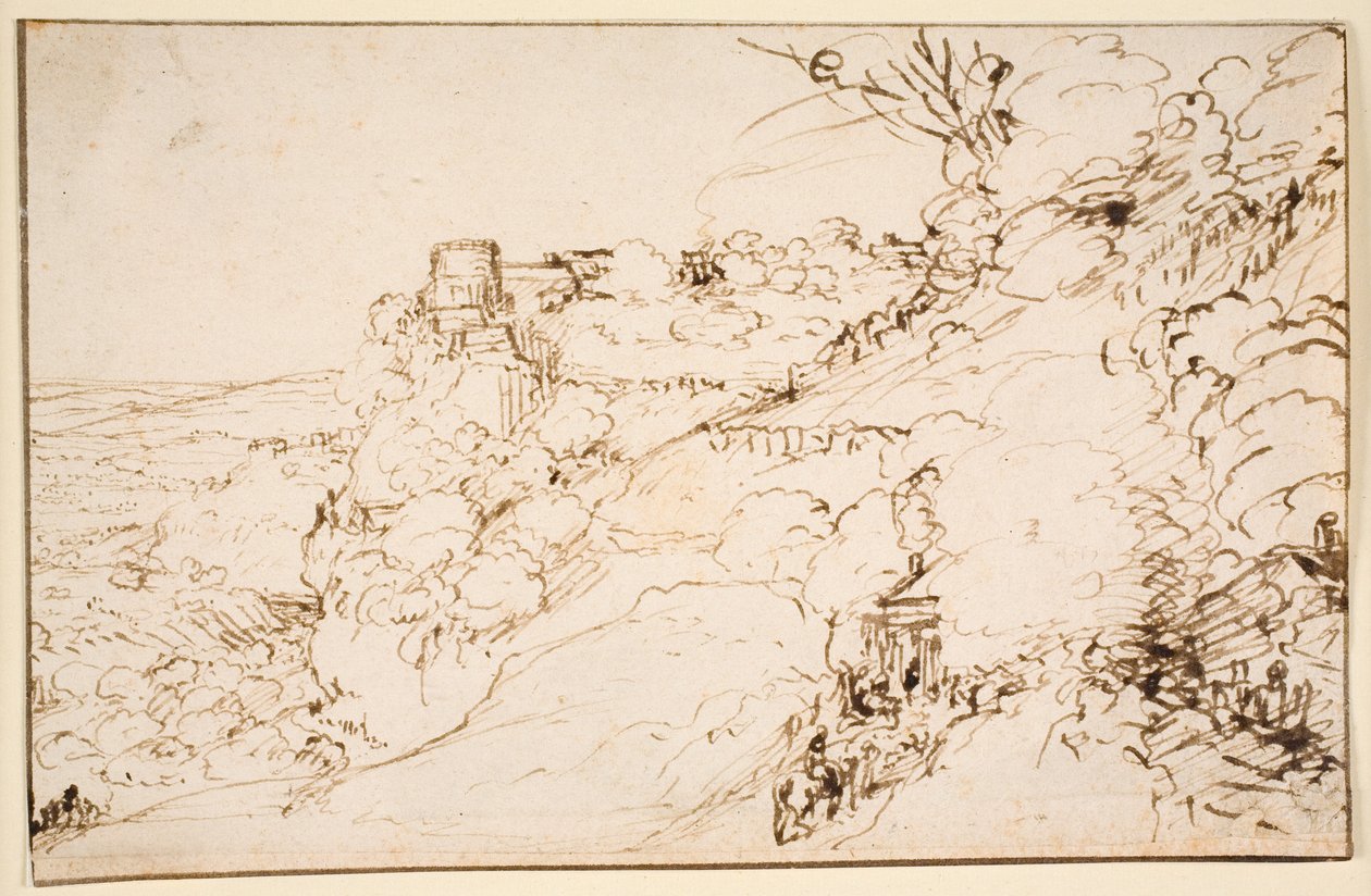 Paisaje con edificio parecido a un castillo en un saliente de la montaña de Hendrick Goudt