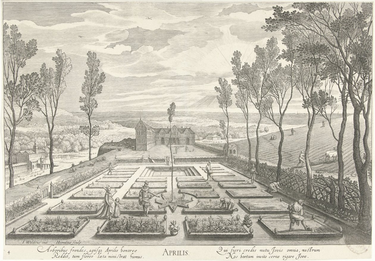 Abril, con compañía en un jardín Aprilis (título sobre objeto) Los doce meses (título de la serie) de Hendrick Hondius (I)