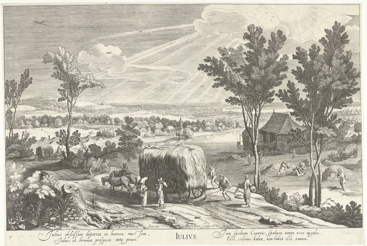 Julio, con campesinos en un paisaje Julius (título sobre el objeto) Los doce meses (título de la serie) de Hendrick Hondius (I)