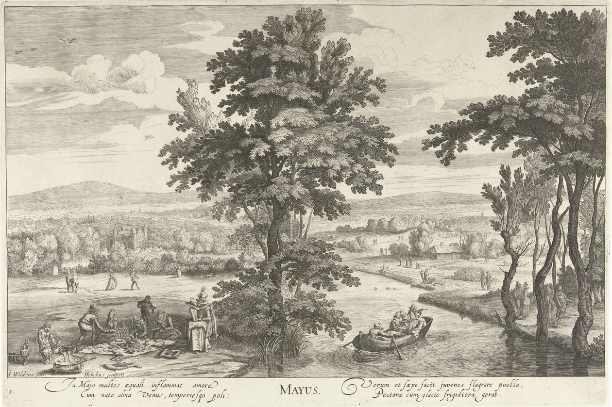Mayo, con una compañía en un paisaje Mayus (título sobre objeto) Los doce meses (título de la serie) de Hendrick Hondius (I)