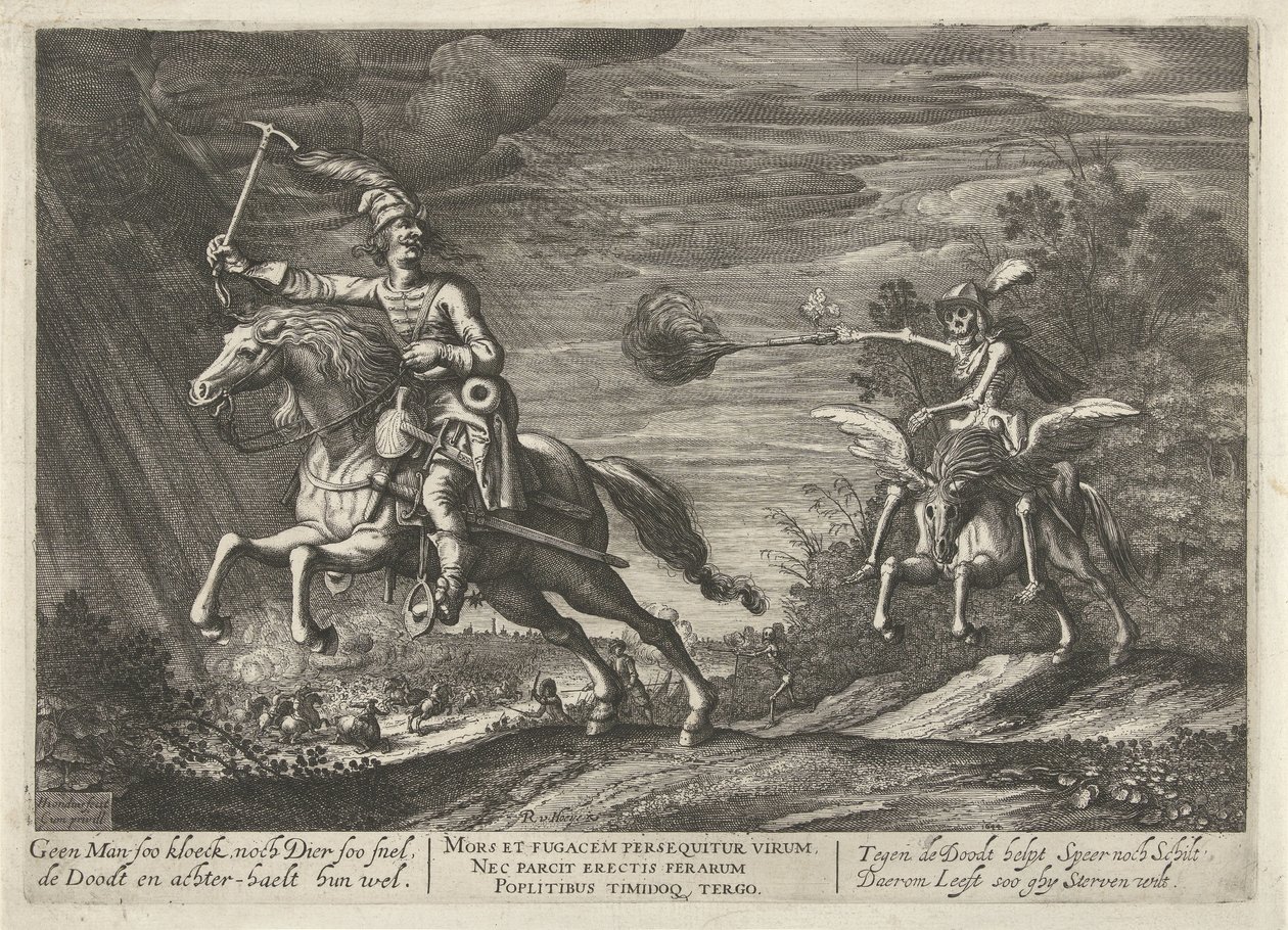 jinete y muerte Ningún Hombre tan kloeck, ni Animal tan rápido, los Mata y los encuentra bien (título sobre objeto) de Hendrick Hondius (I)