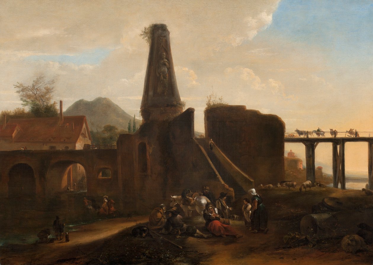 Viajeros descansando junto a ruinas clásicas de Hendrick Verschuring