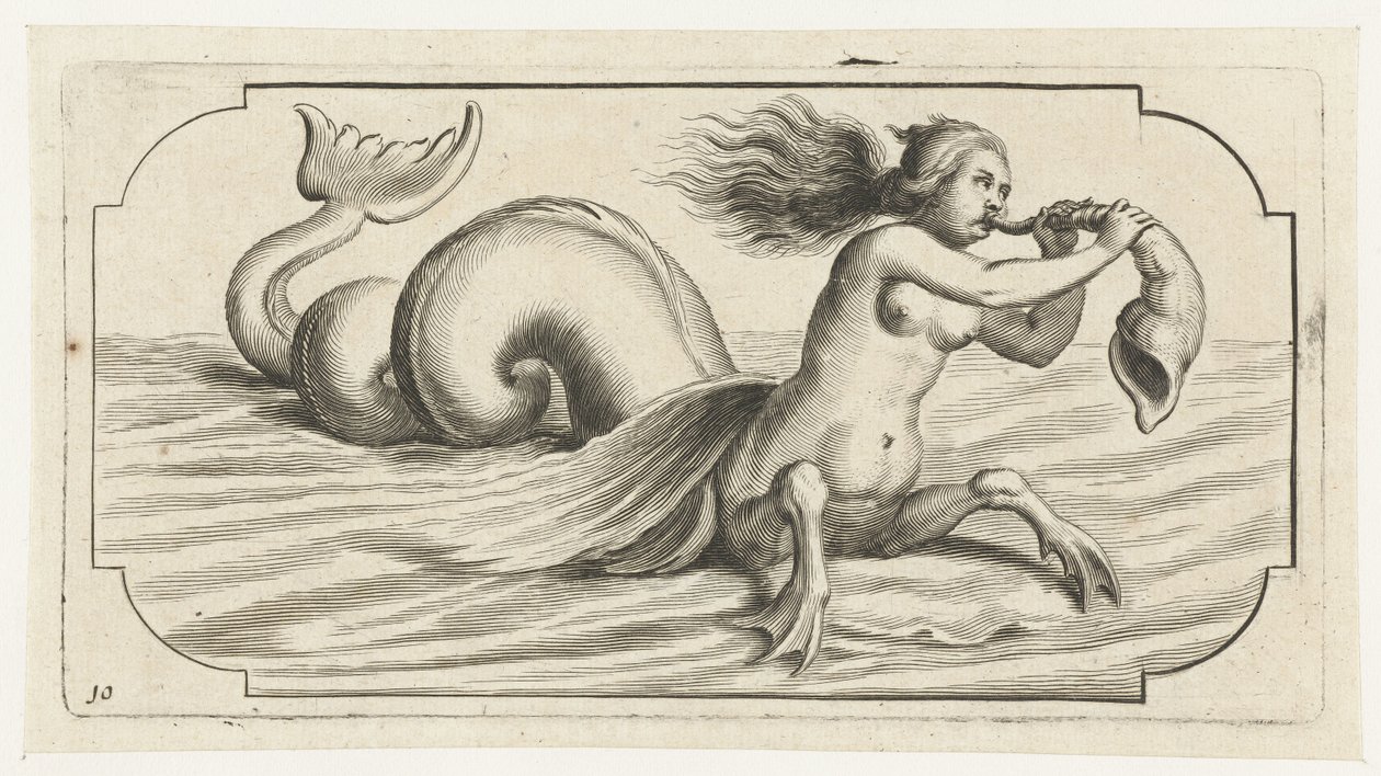 Una figura femenina sopla sobre una concha Nouveau Livre des Dieux et Deeßes De la Marine Bouckje of Sea Gods and Goddesses (título de la serie) de Hendrick de Keyser (I)