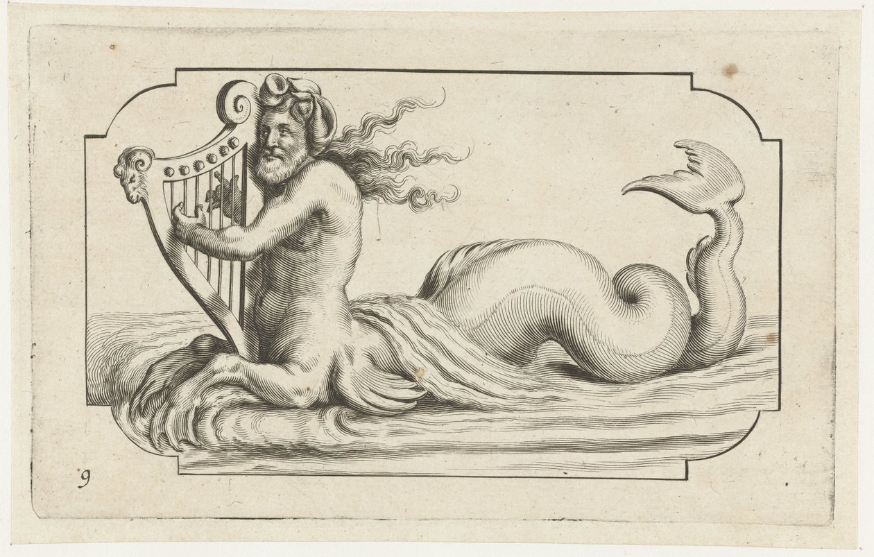Tritón tocando un arpa Nouveau Livre des Dieux et Deeßes De la Marine Bouckje of Sea Gods and Goddesses (título de la serie) de Hendrick de Keyser (I)