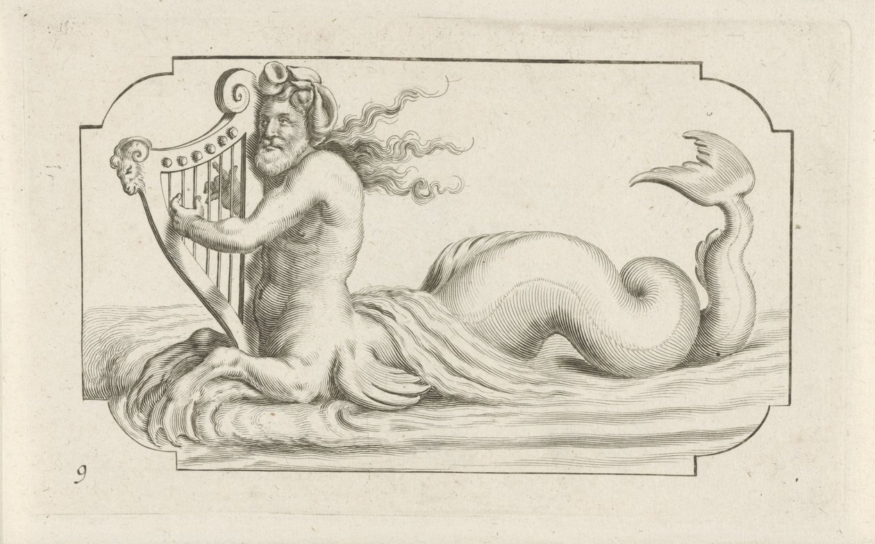 Tritón tocando un arpa Nouveau Livre des Dieux et Deeßes De la Marine Bouckje of Sea Gods and Goddesses (título de la serie) de Hendrick de Keyser (I)
