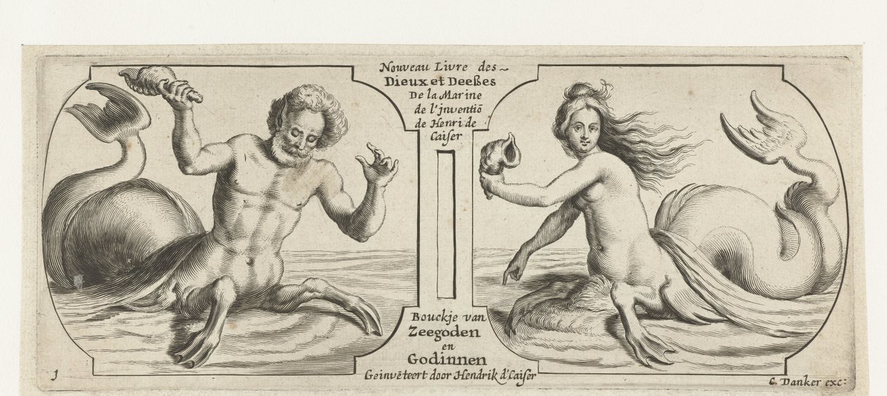 Dos compartimentos, en cada uno un tritón Nouveau Livre des Dieux et Deeßes De la Marine Bouckje of Sea Gods and Goddesses (título sobre el objeto) Nouveau Livre des Dieux et Deeßes De la Marine Bouckje of Sea Gods and Goddesses (título de la serie) de Hendrick de Keyser (I)