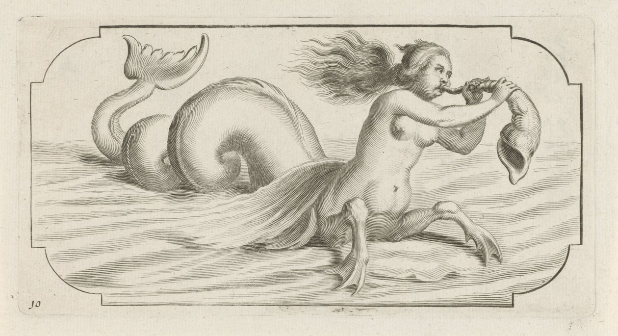 Figura femenina sopla sobre una concha Nouveau Livre des Dieux et Deeßes De la Marine Bouckje of Sea Gods and Goddesses (título de la serie) de Hendrick de Keyser (I)