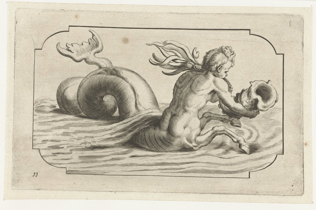 Caballito de mar con la parte superior del cuerpo masculino Nouveau Livre des Dieux et Deeßes De la Marine Bouckje of Sea Gods and Goddesses (título de la serie) de Hendrick de Keyser (I)