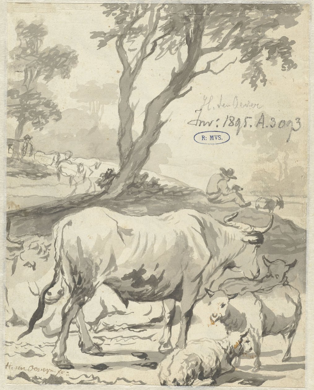 Pastor con vacas y ovejas bajo un árbol de Hendrick ten Oever