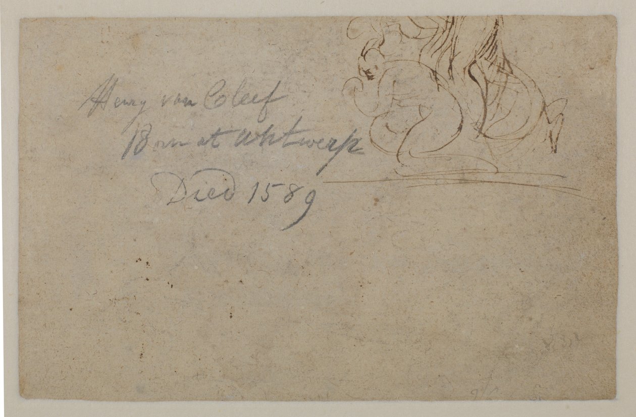 Anotación de una mano posterior. Boceto de una figura agachada y un caballo encabritado, ?, siglo XVI de Hendrick van Cleve