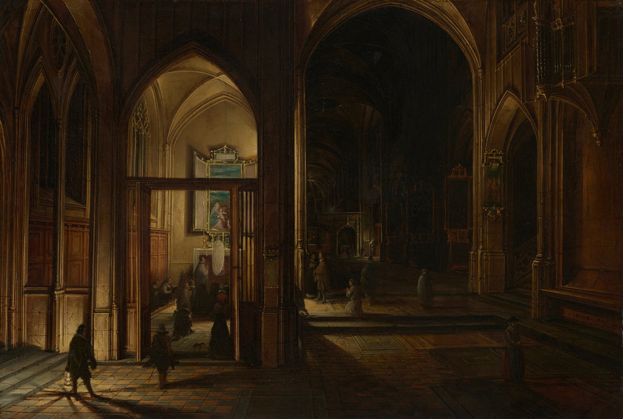 Interior de una iglesia gótica en la noche de Hendrick van Steenwijk the Younger