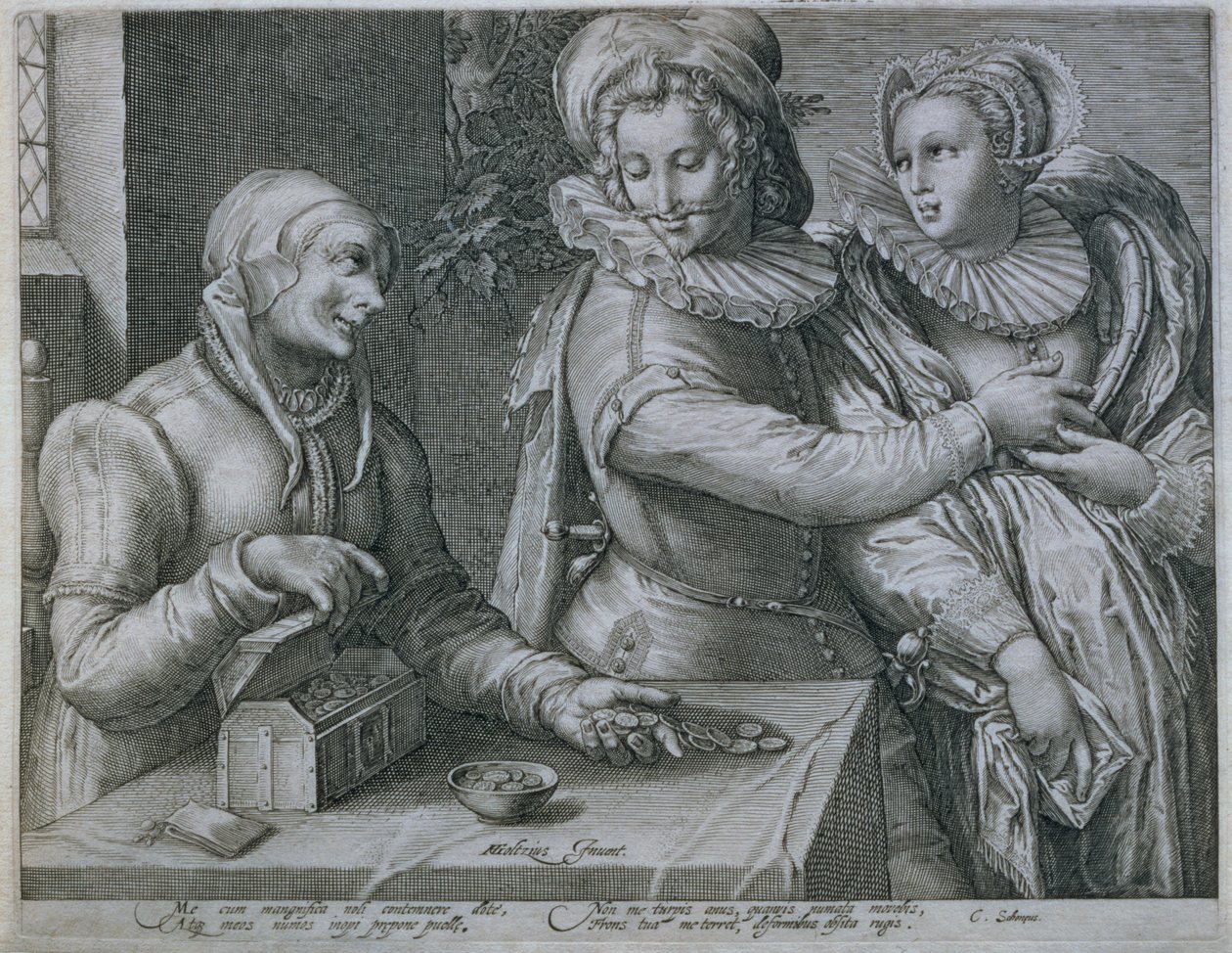 Un joven eligiendo el amor a la belleza en lugar de la riqueza, grabado por Jacob Matham de Hendrik Goltzius