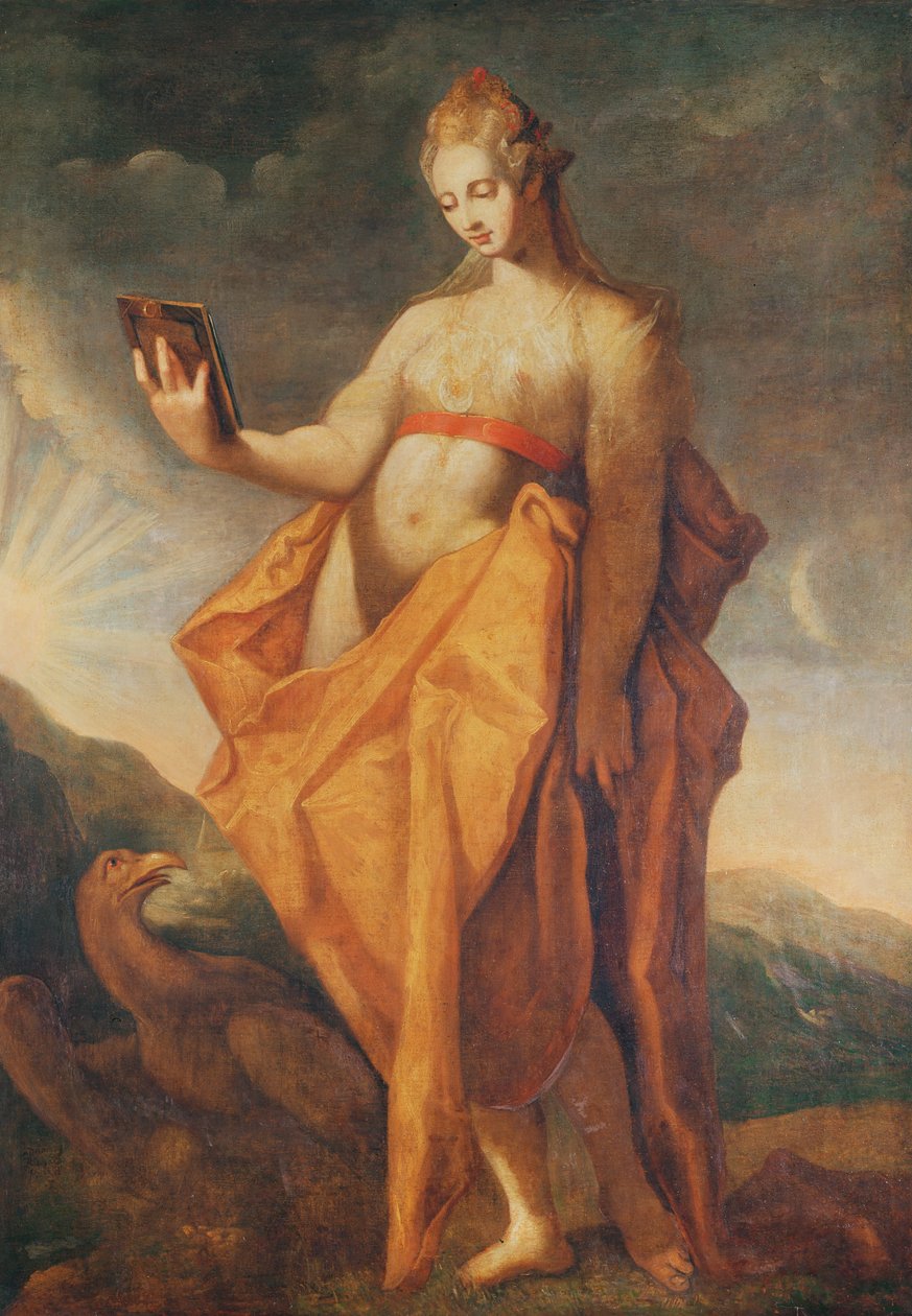 Leto, embarazada de los gemelos Artemisa y Apolo, con el águila de Zeus a sus pies de Hendrik Goltzius