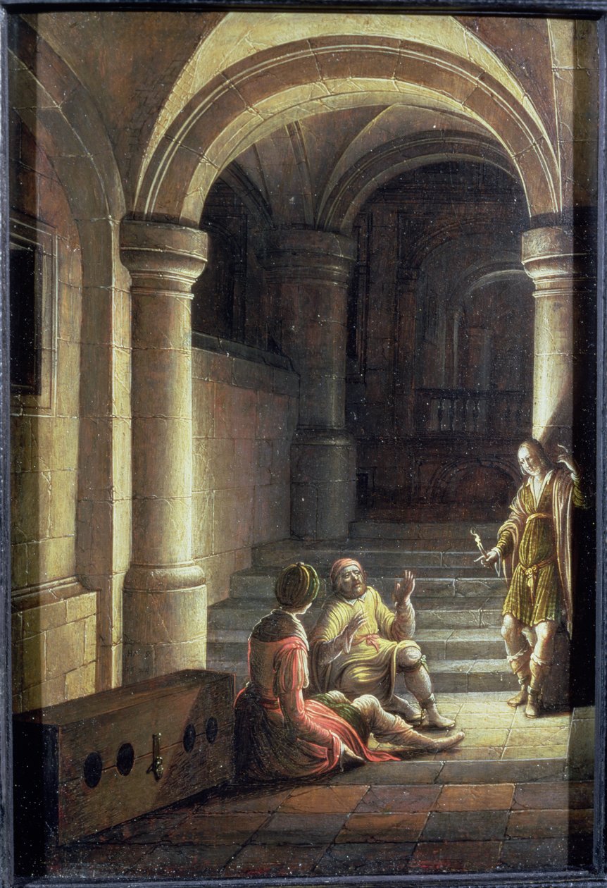 José en prisión interpretando los sueños del panadero y el copero, 1624 de Hendrik the Younger Steenwyck
