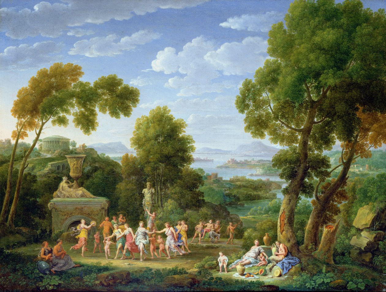 Un paisaje italiano boscoso con ninfas bailando, 1728 de Hendrik van Lint