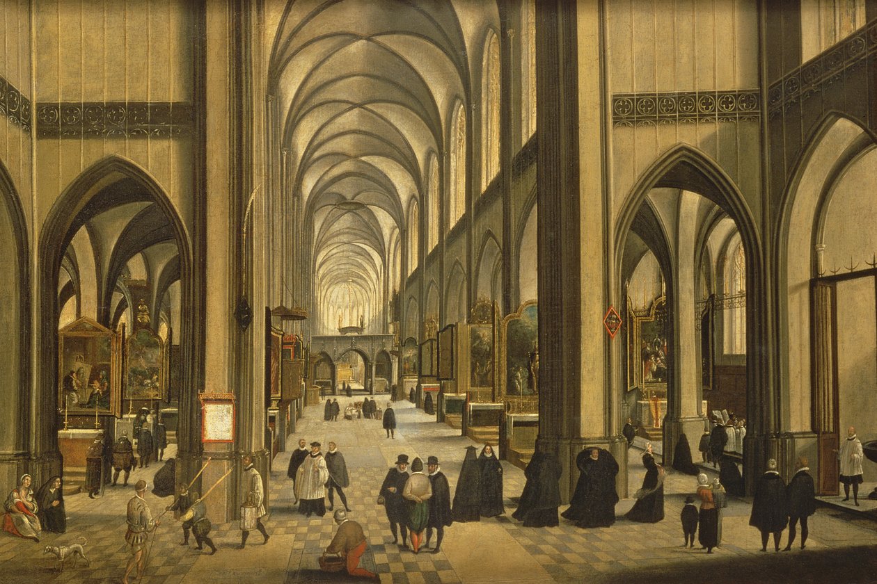 Interior de la catedral de Amberes con los Siete Sacramentos, 1590 de Hendrik van Steenwyck