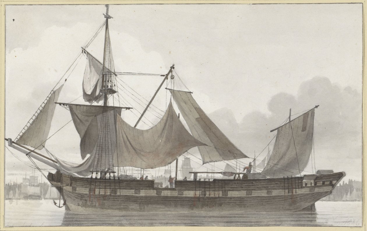 Tres mástiles con aparejo de emergencia, entrando en un puerto con vientos débiles
Barco de vela visto de lado, en un puerto de Hendrik Abraham Klinkhamer