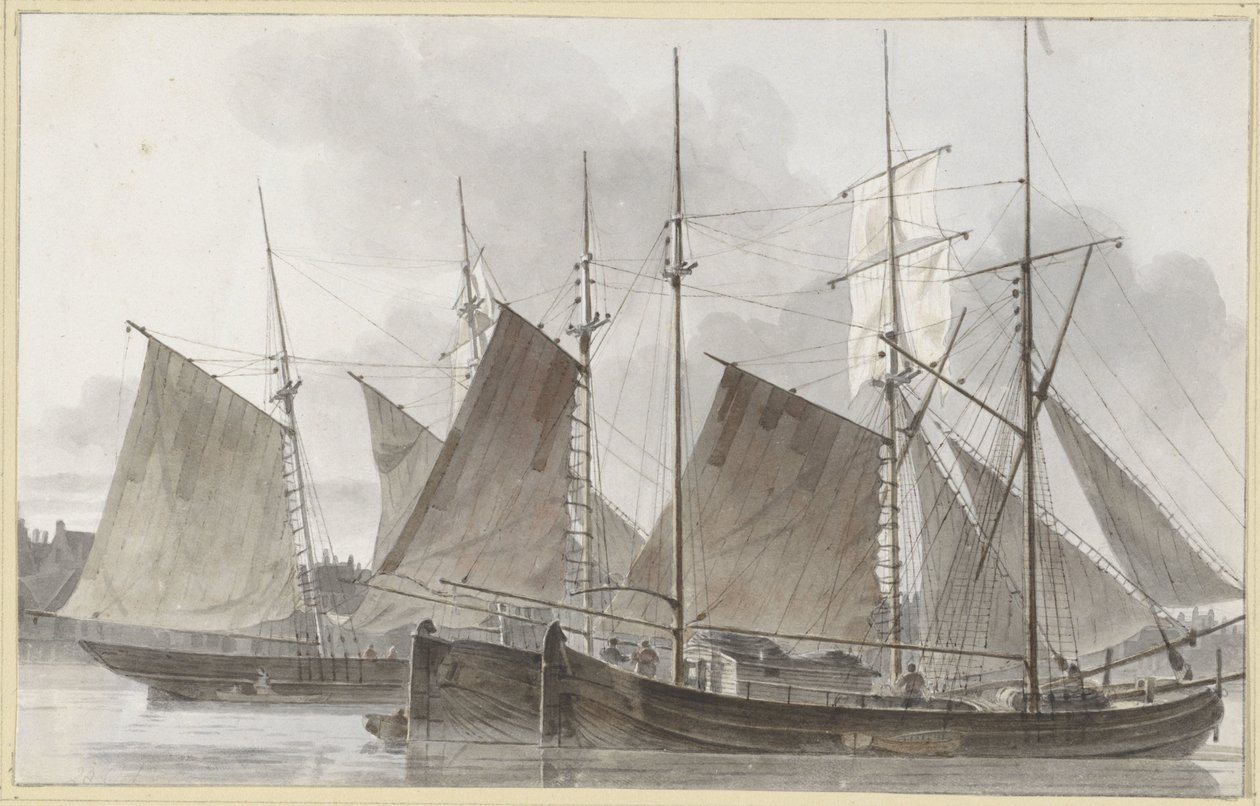 Barcos de vela atracados frente a una ciudad de Hendrik Abraham Klinkhamer