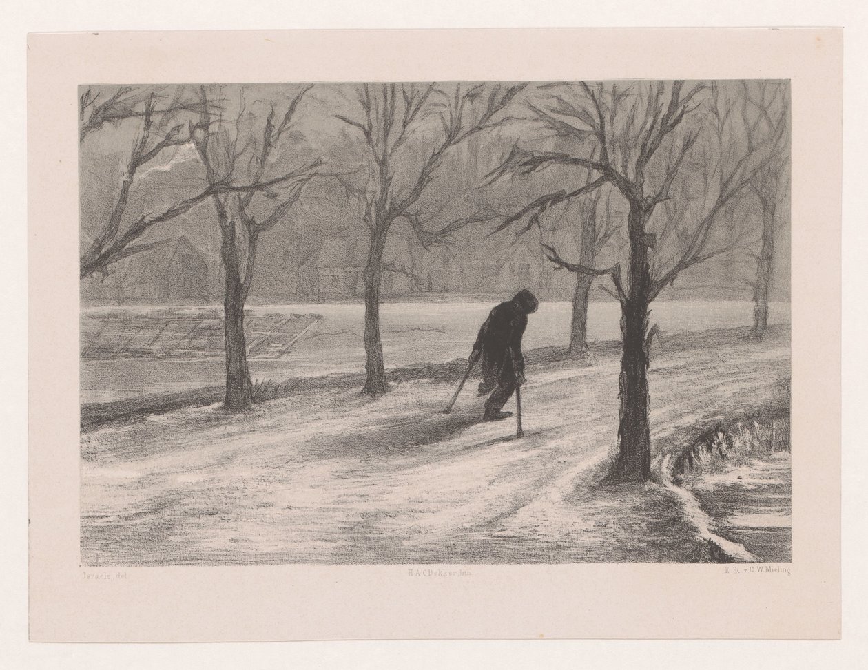 Hombre con muletas en un paisaje invernal Invierno también en la vida (título original) de Hendrik Adriaan Christiaan Dekker