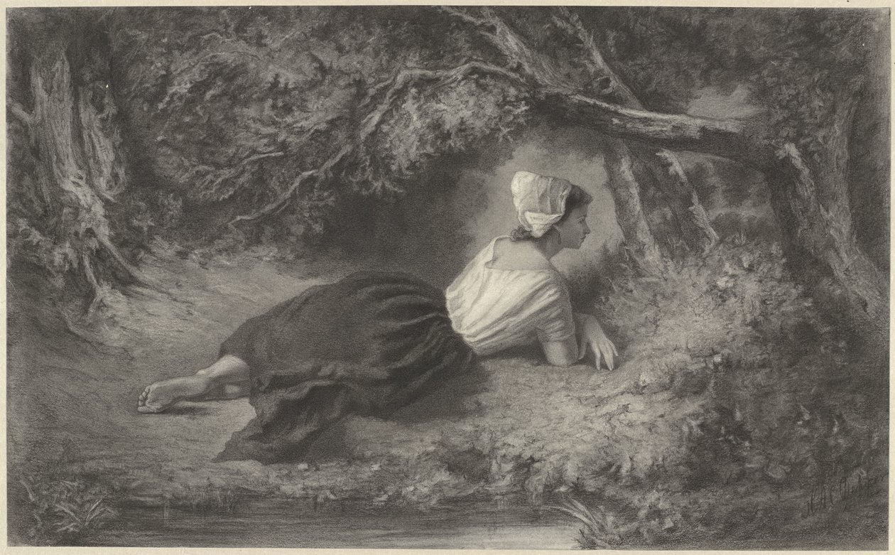 Chica, tumbada bajo los árboles cerca de un agua de Hendrik Adriaan Christiaan Dekker