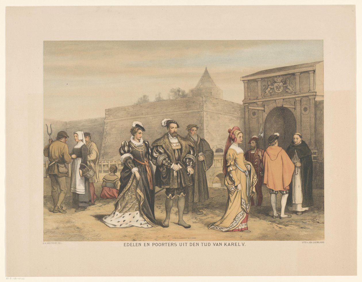 Nobles y ciudadanos del siglo XVI. Nobles y burgueses de la época de Carlos V (título sobre objeto) Serie de veinticuatro placas de historia nacional, para la escuela y el hogar (título de la serie) de Hendrik Albert van Trigt