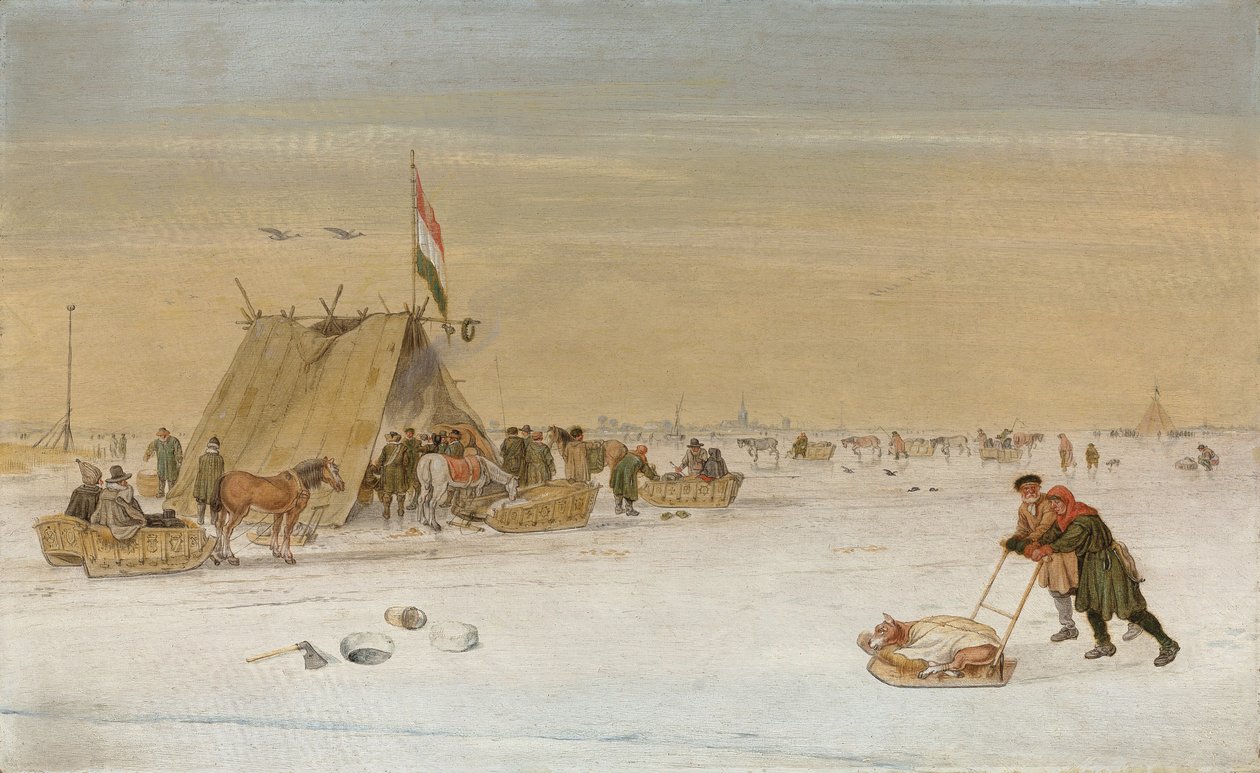 Un paisaje invernal con figuras en el hielo junto a una tienda koek-en-zopie de Hendrik Avercamp