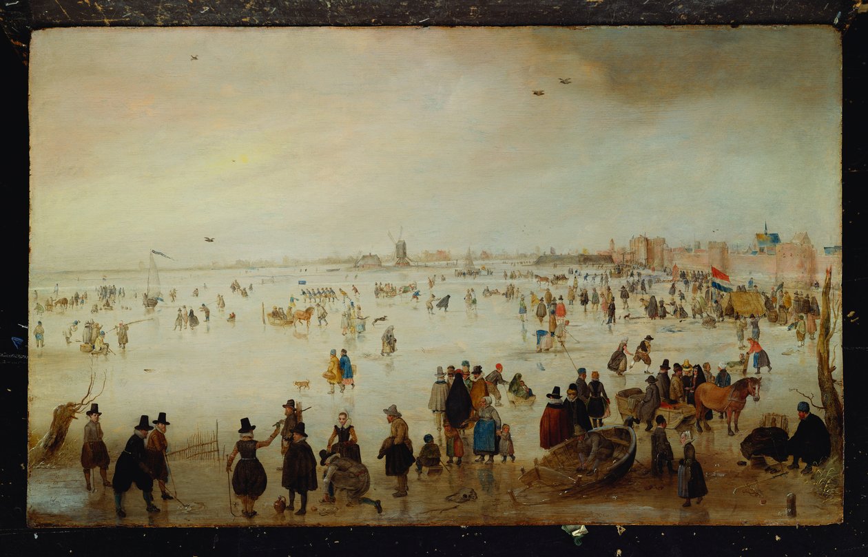 Patinadores, jugadores de golf, damas elegantes y caballeros en aguas inundadas congeladas cerca de Broederpoort en Kampen de Hendrik Avercamp