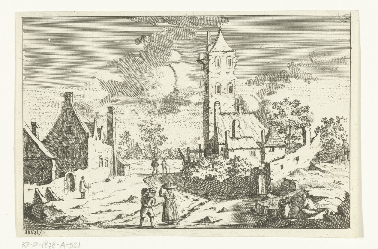 Vista del pueblo con casas y torre en un camino de arena con figuras de Hendrik Berg