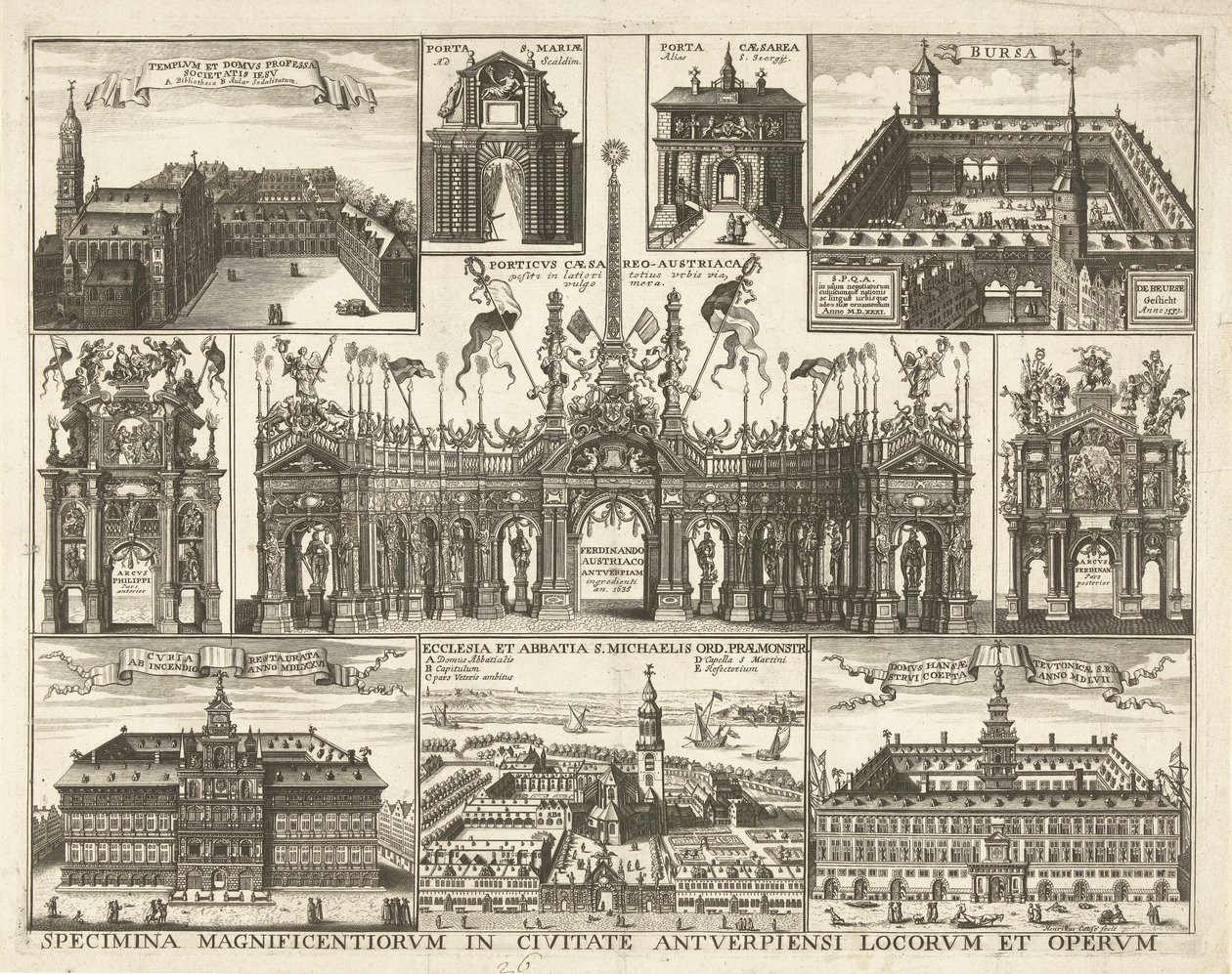 Blad conoció a tien voorsetningen van de intocht van de Kardinaal Infant Ferdinand te Antwerpen, 1635 Muestras de los lugares y obras más magníficos de la ciudad de Amberes (título sobre el objeto) de Hendrik Causé