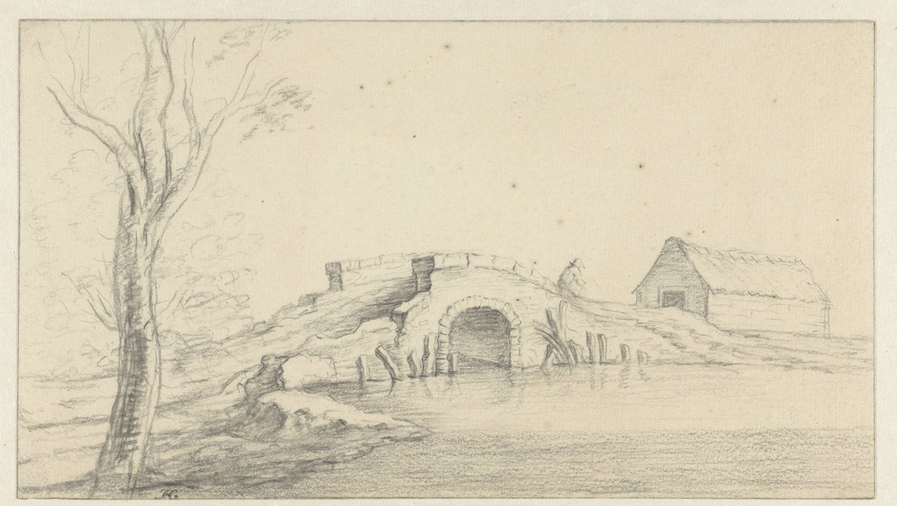 Paisaje con puente de piedra en ruinas de Hendrik Chalon