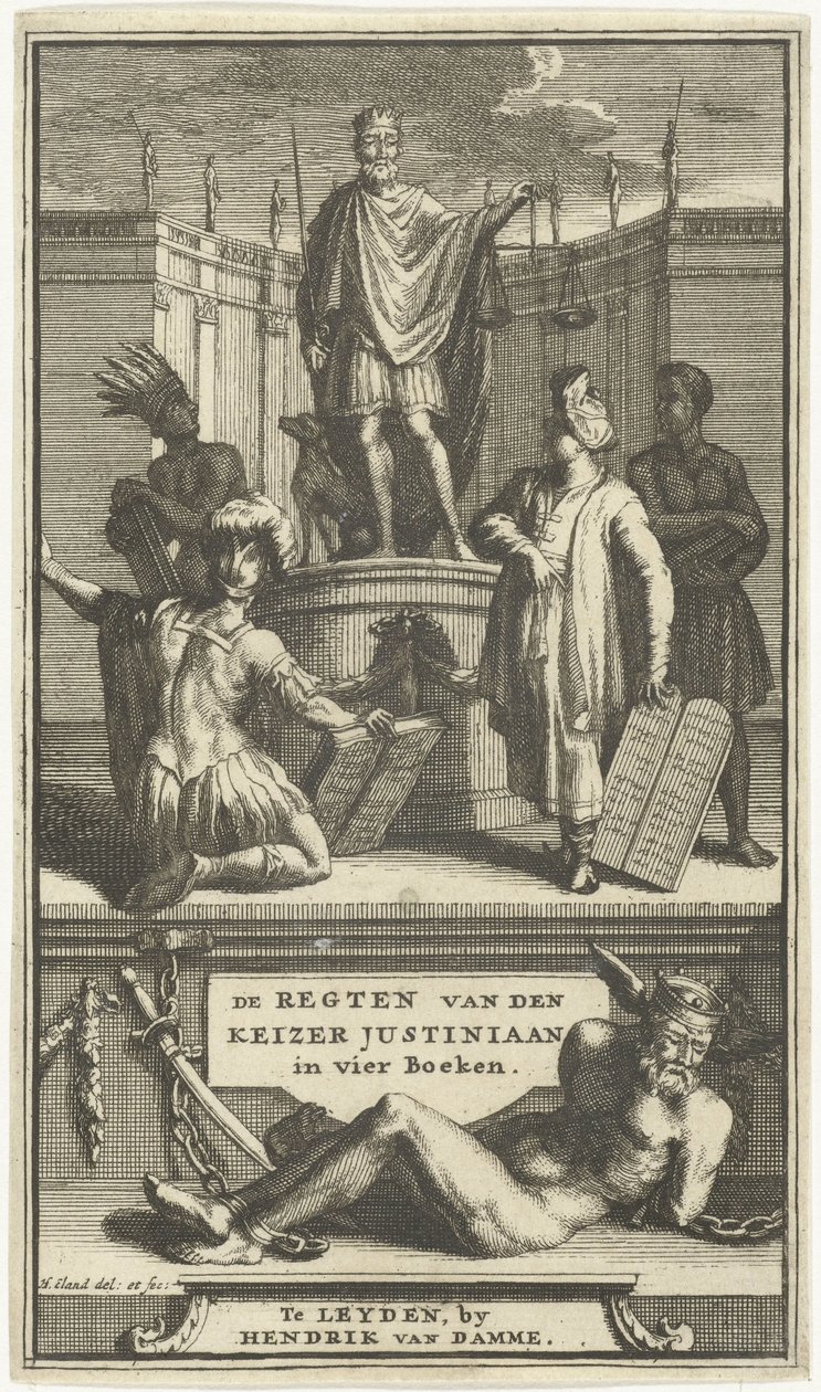 Portada de Los derechos del emperador Justiniano, Leiden, 1705 las REGLAS del EMPERADOR JUSTINIANO en cuatro libros (título sobre el objeto) de Hendrik Elandt
