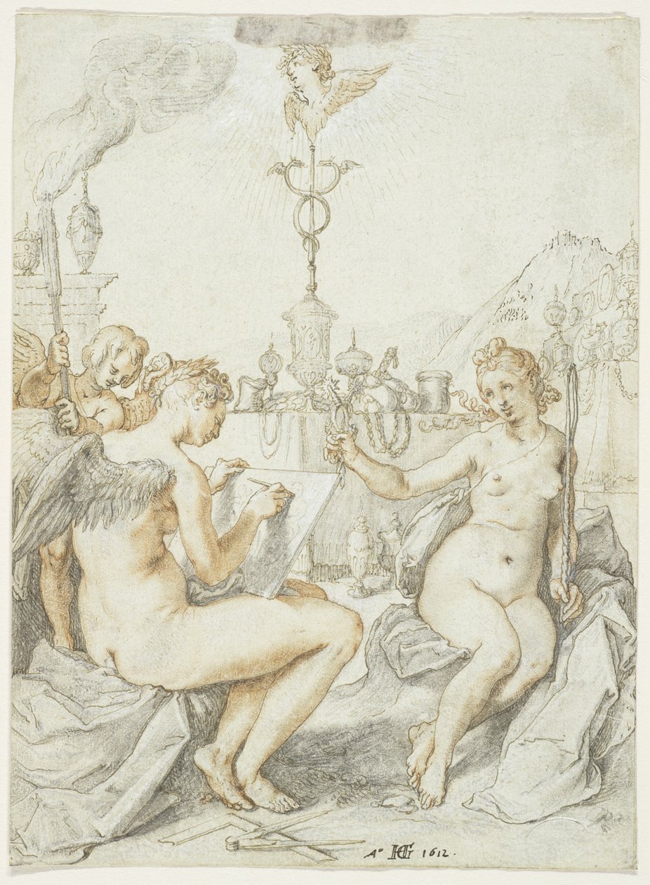 Alegoría sobre el arte del dibujo con el emblema del artista, 1612 de Hendrik Goltzius