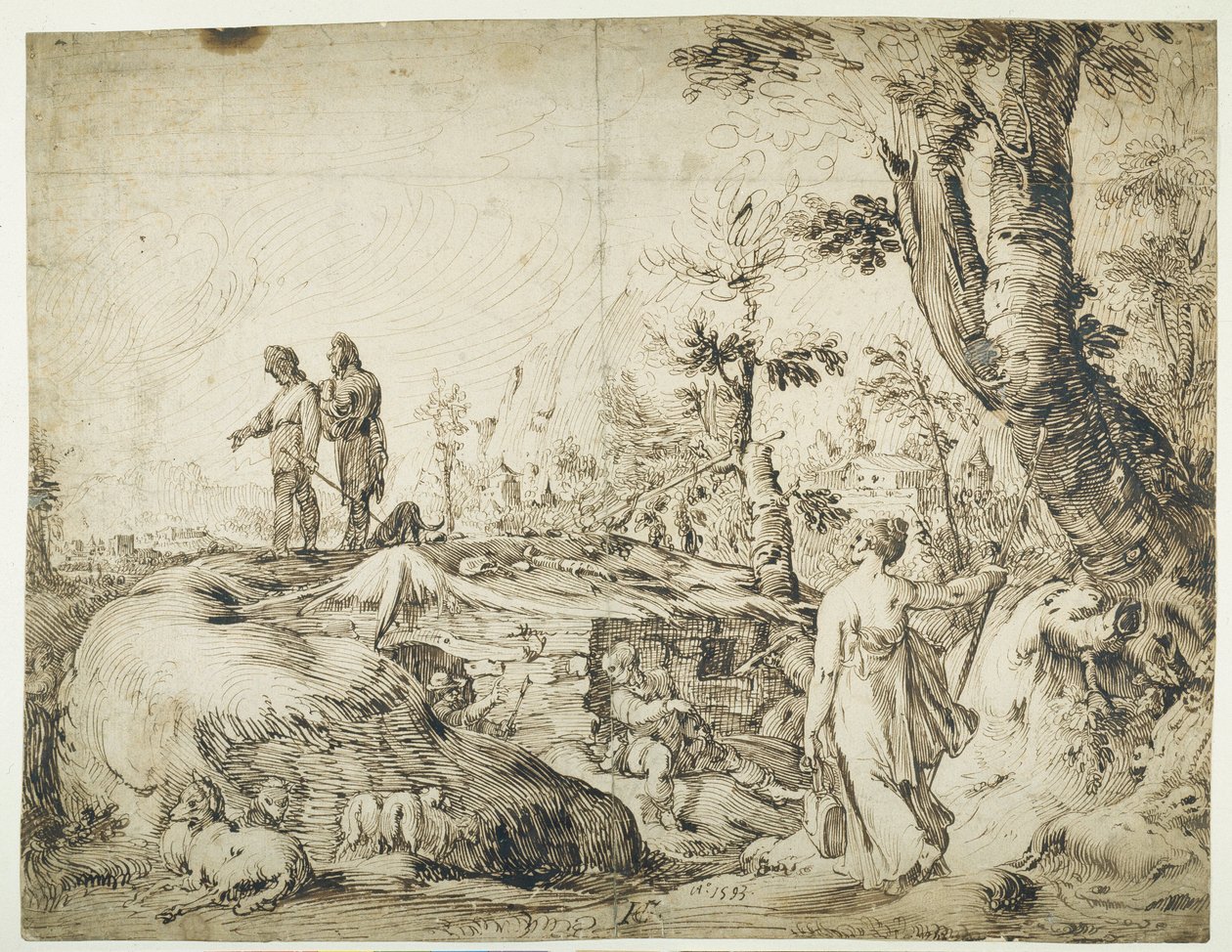 Paisaje con campesinos junto a una cabaña de Hendrik Goltzius