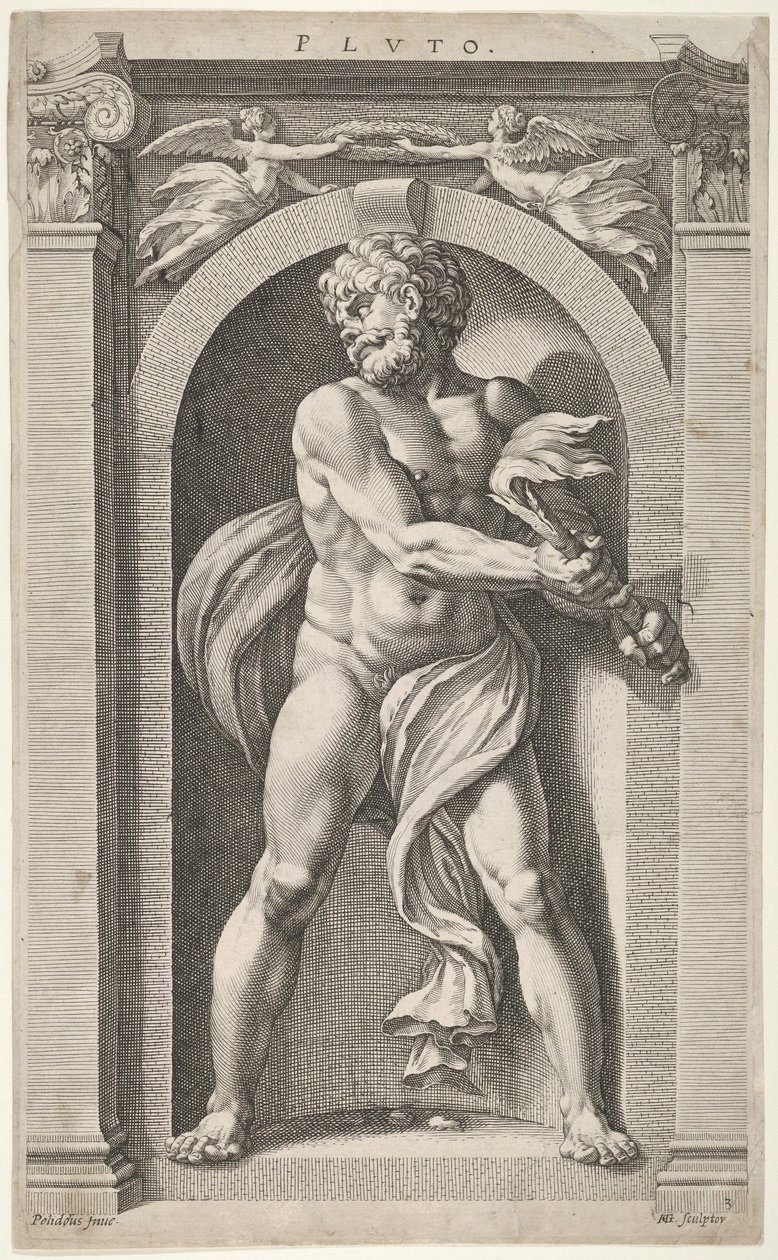 Plutón, en el reverso bocetos de una figura, cuatro cabezas y una columna, 1592 de Hendrik Goltzius