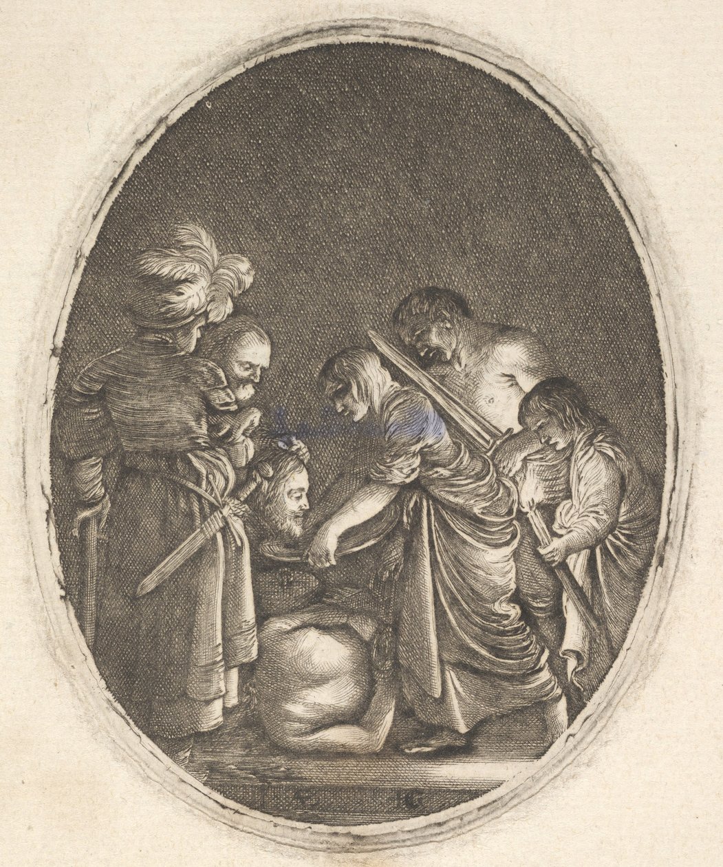 Salomé recibiendo la cabeza de Juan el Bautista, rodeada de tres hombres y un niño, ca. 1610 de Hendrik Goudt