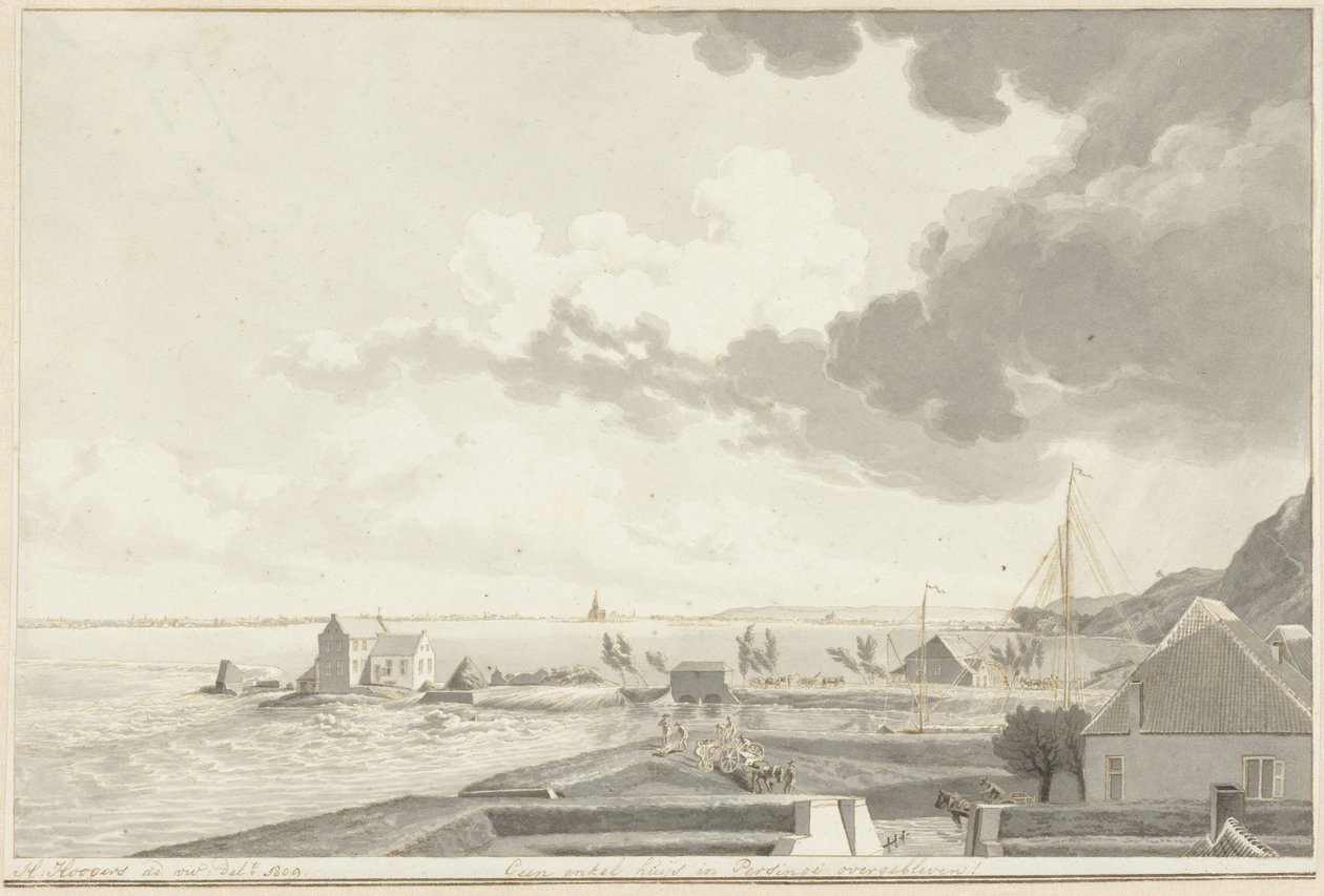 El Ooijpolder inundado con Persingen en la distancia, 1809 de Hendrik Hoogers (signed by artist)