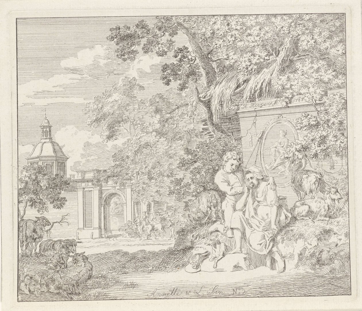 Pareja en un monumento clásico y una puerta de la ciudad Anette y Lubin (título sobre el objeto) de Hendrik Hoogers