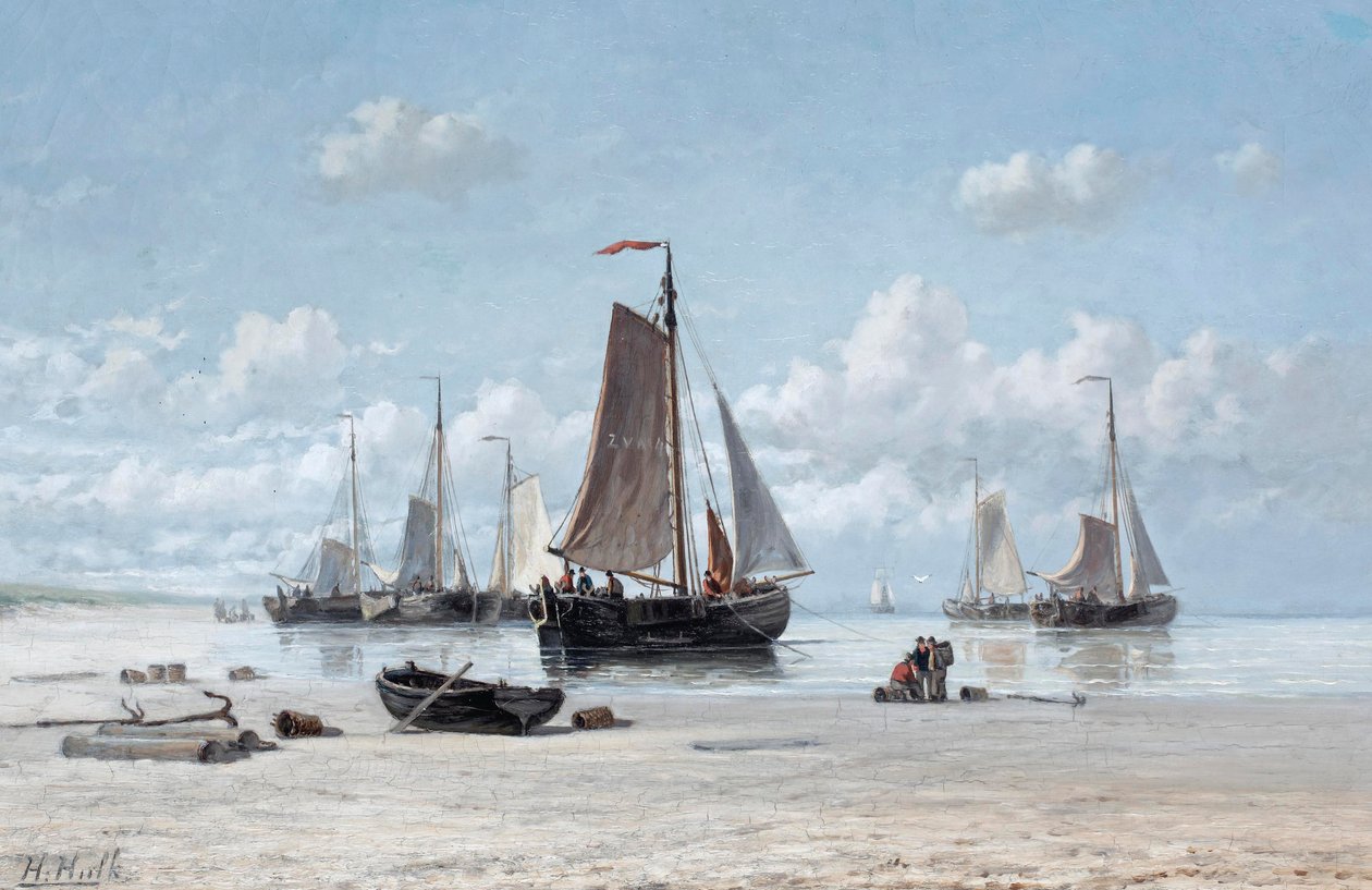 Barcos de pesca en la playa, Zandvoort (óleo sobre lienzo) de Hendrik Hulk