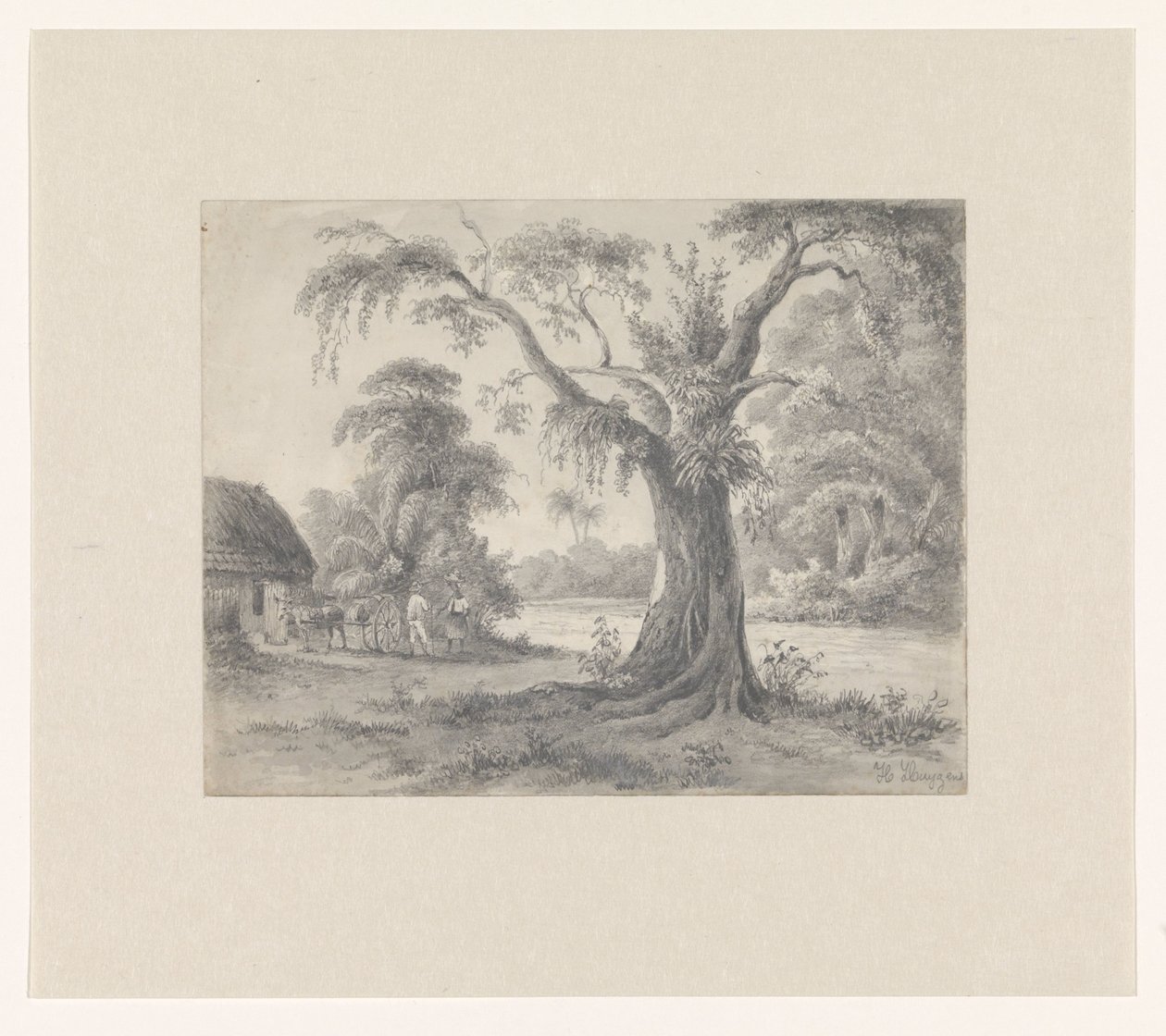 Paisaje con un árbol y una choza con un caballo y un carruaje y dos figuras de Hendrik Huygens (signed by artist)