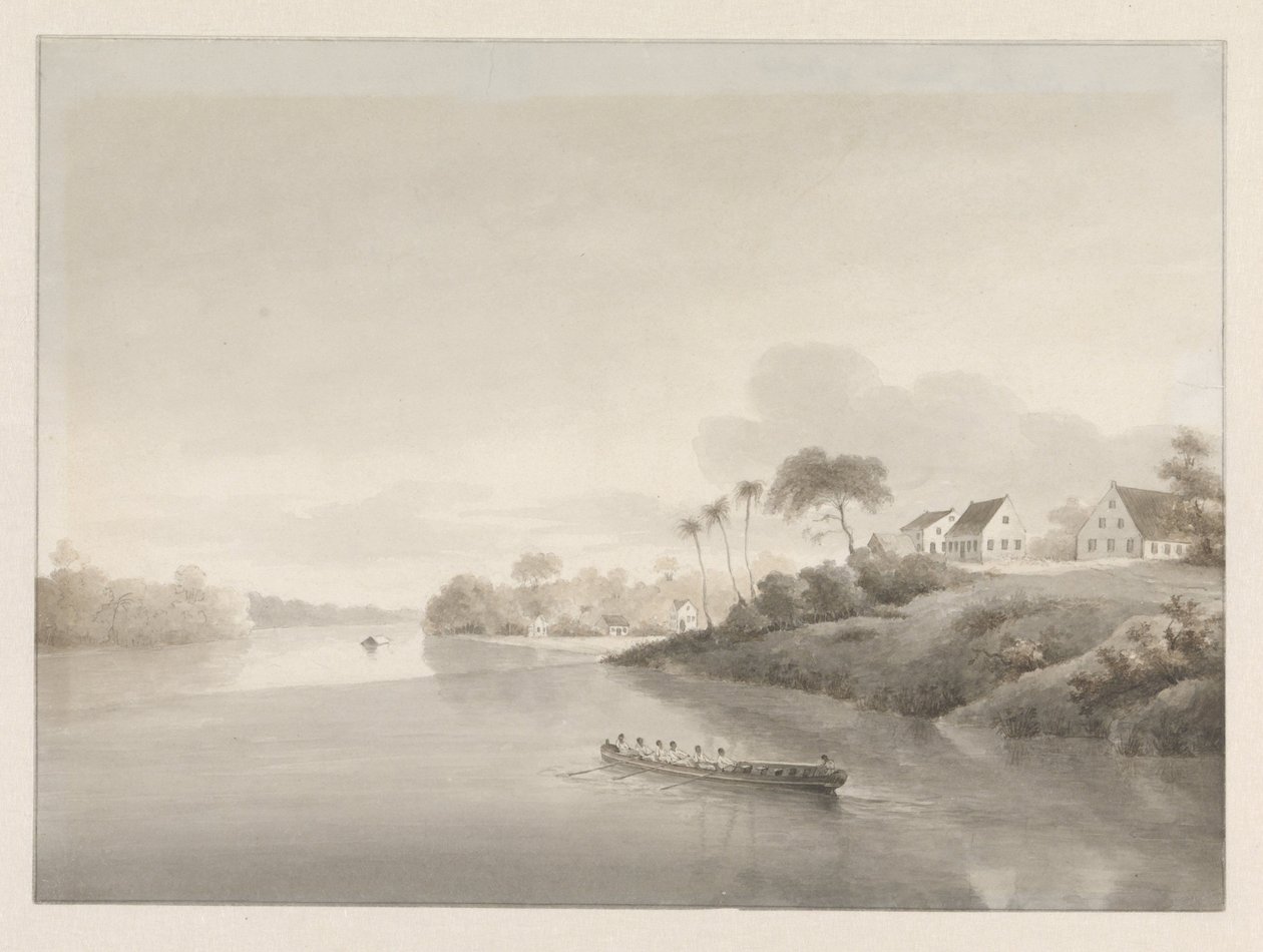 Vista de algunas casas sobre un río, posiblemente el Jodensavanne de Hendrik Huygens