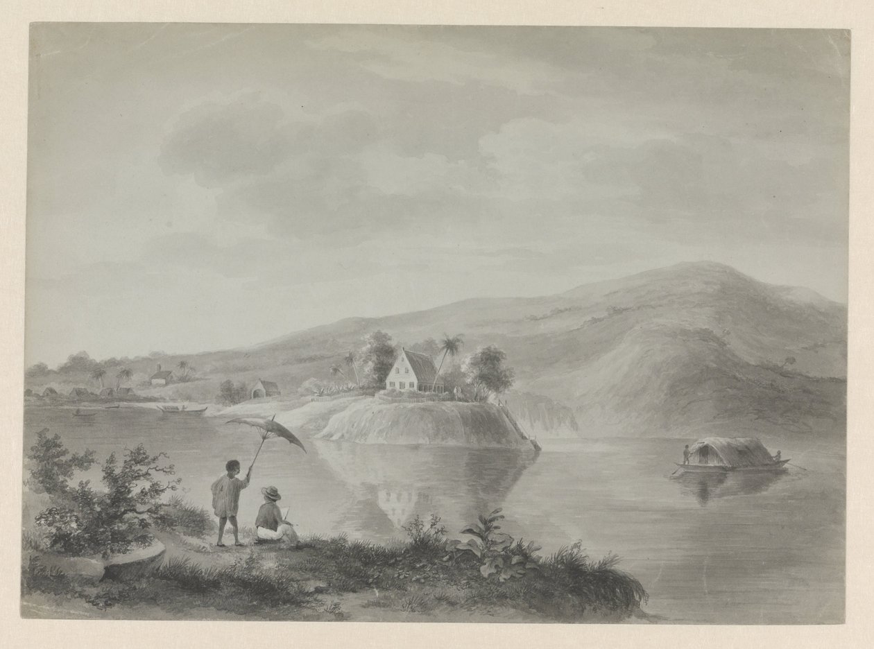 Vista de un río con algunas casas, posiblemente Berg en Dal de Hendrik Huygens