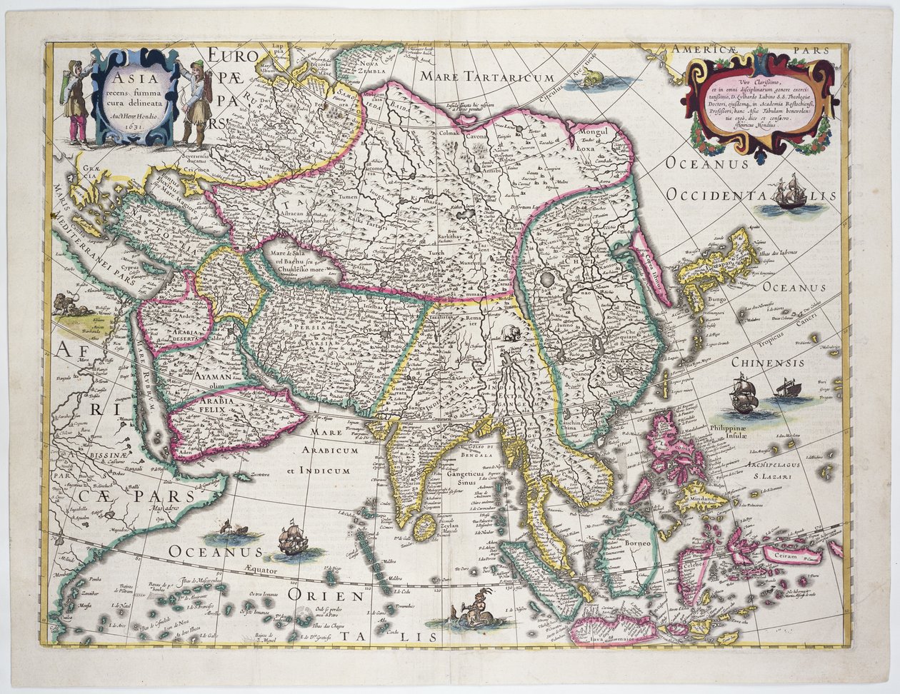 Mapa general incluyendo Arabia, Japón, la península de Corea y la mayor parte del archipiélago indonesio, 1631 (grabado en color) de Hendrik I Hondius