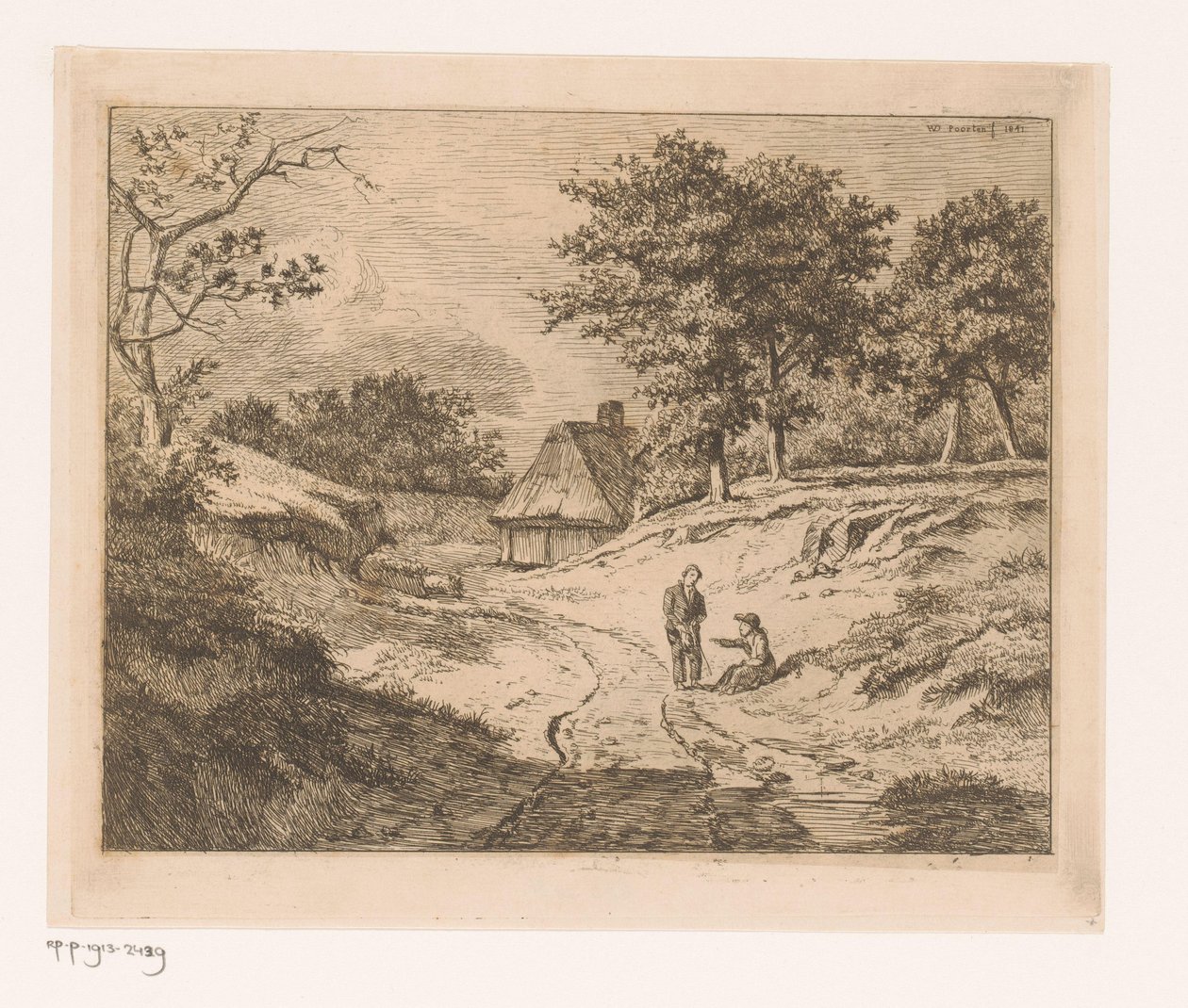 Paisaje con una persona mostrando a otra el camino de Hendrik Jozef Franciscus van der Poorten
