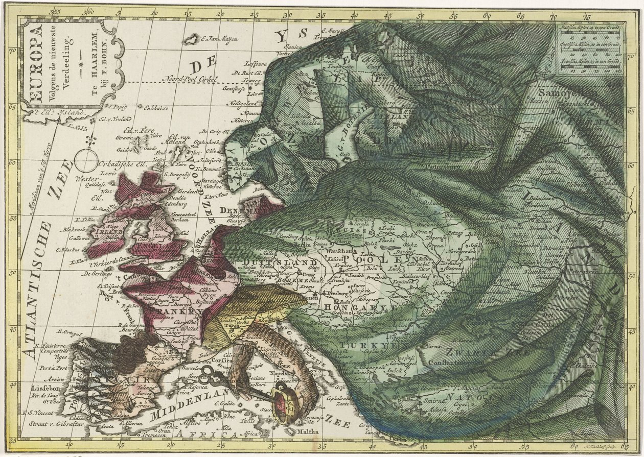 Mapa de Europa, coloreado como reina Europa según la última división (título sobre objeto) de Hendrik Kloekhoff