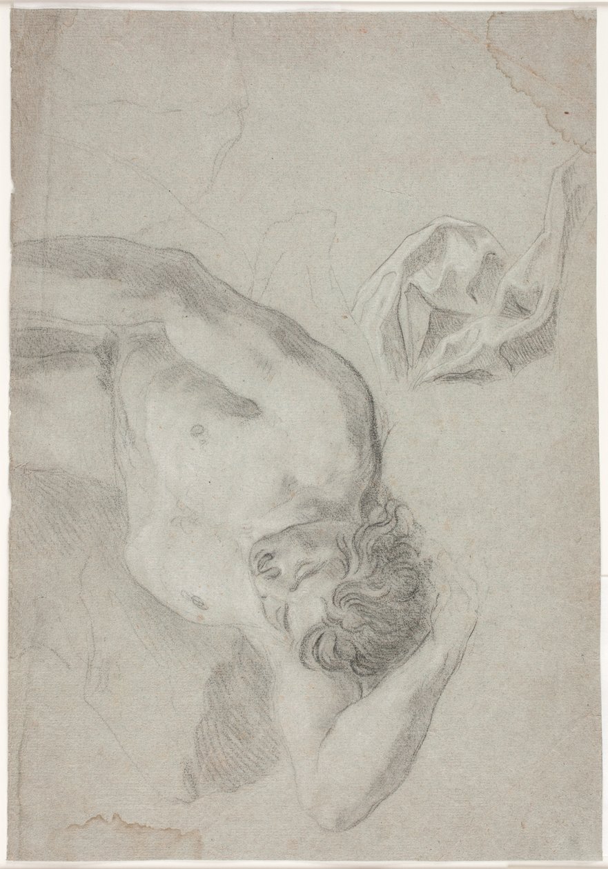 Estudio de modelo masculino, acostado de espaldas, estudio de rodilla y drapeado de Hendrik Krock