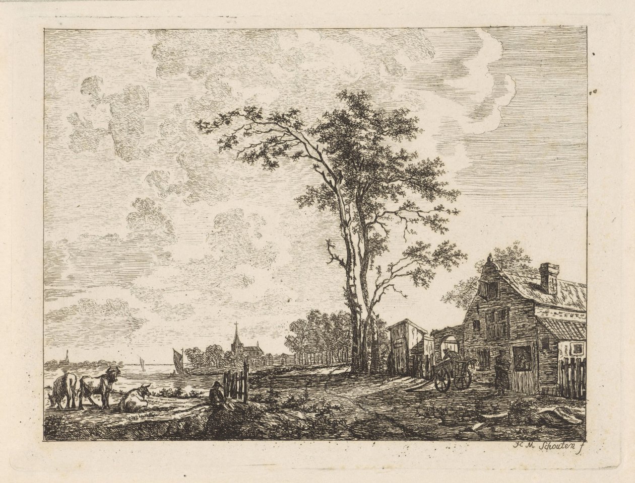 Paisaje con una casa junto a un río. de Hendrik Marcus Schouten