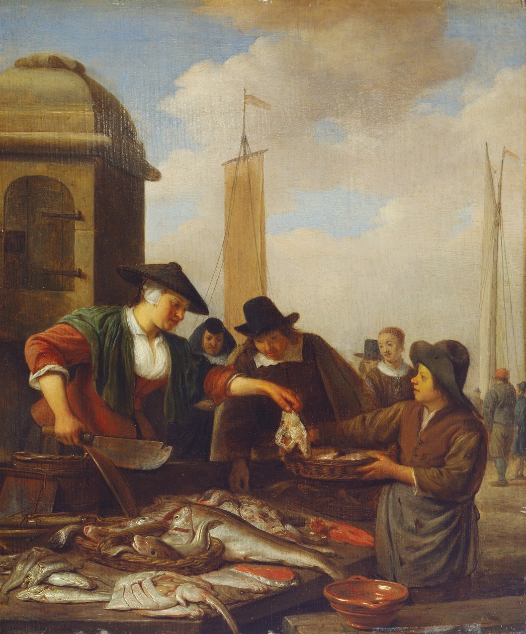 Un puesto de pescado junto a un puerto (óleo sobre tabla) de Hendrik Martensz Sorgh