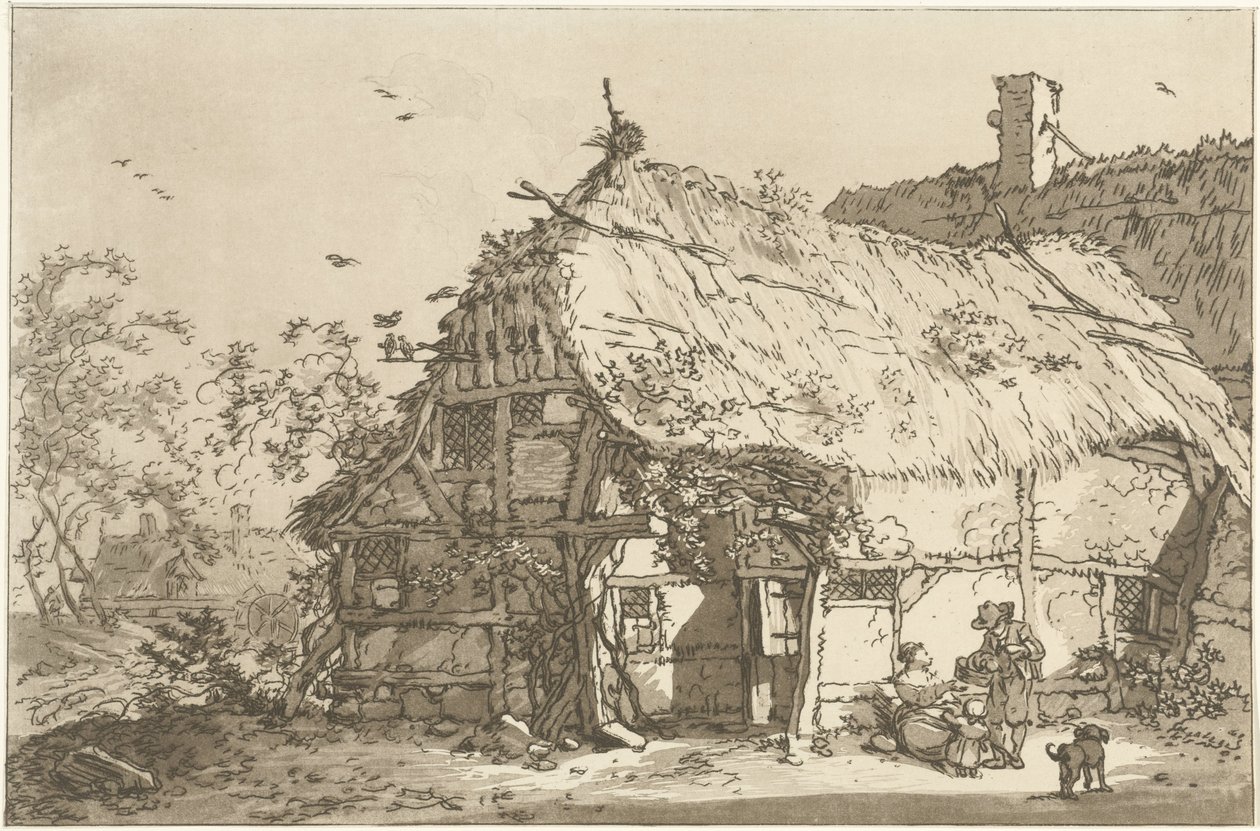 Granja con una familia en el patio. Doce diseños calculados para el uso de aquellos que están aprendiendo a dibujar paisajes (título de la serie) de Hendrik Meijer