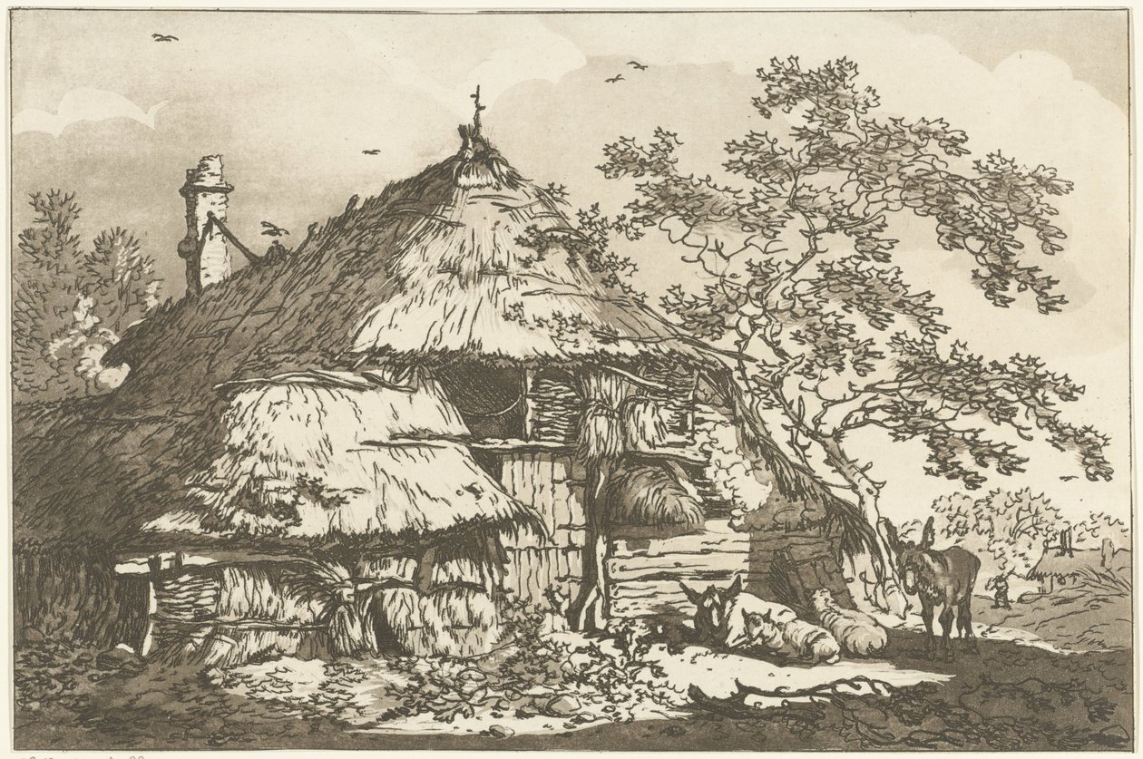 Granja con una vaca, dos ovejas y un burro en el patio Doce diseños calculados para el uso de aquellos que están aprendiendo a dibujar paisajes (título de la serie) de Hendrik Meijer
